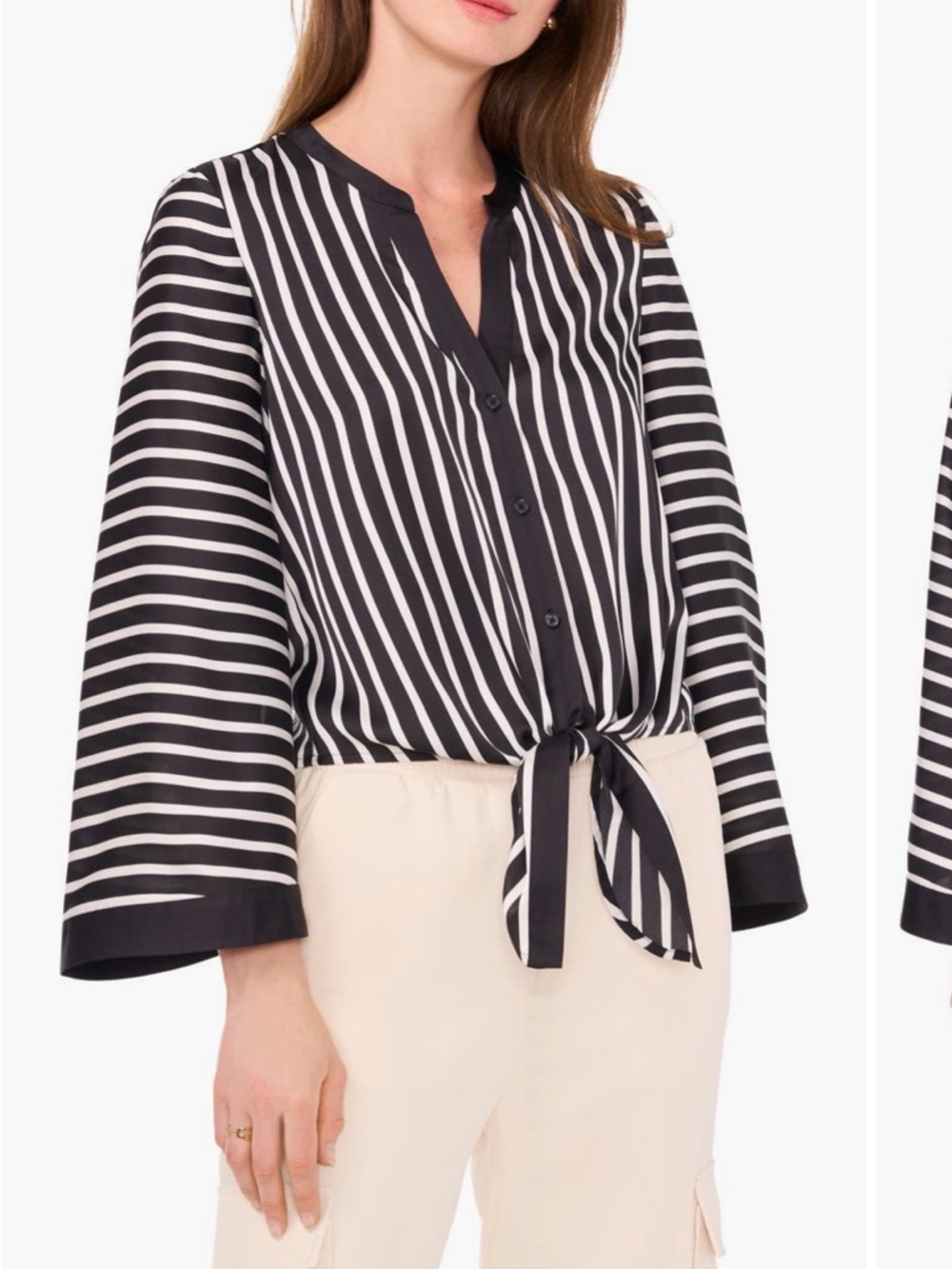 Halogen Black and White Striped bell sleeve Tie-Front Button-Down Shirt